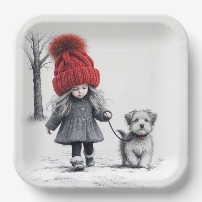 Girl Wearing 3D Knit Hat With Dog Paper Plates (Front)