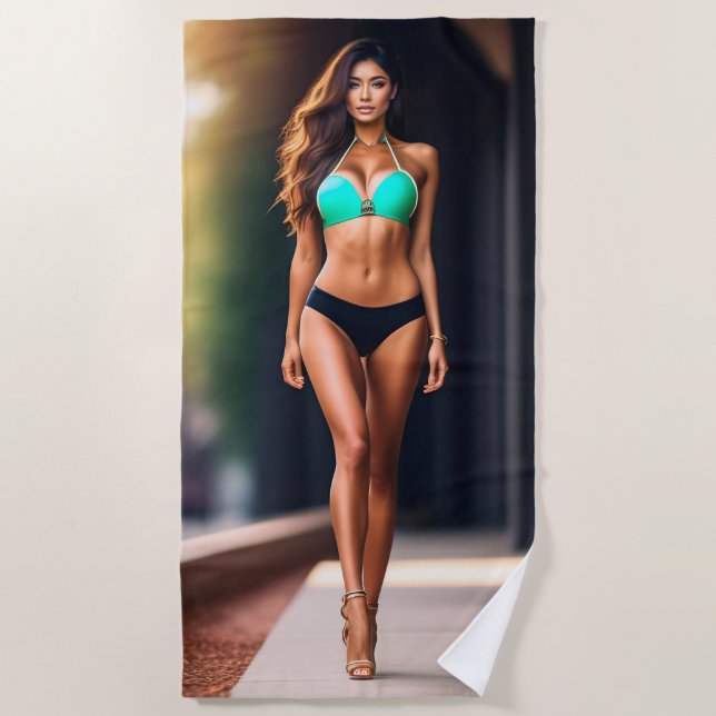 Girl wearing bikini in high heels Beach Towel (Front)