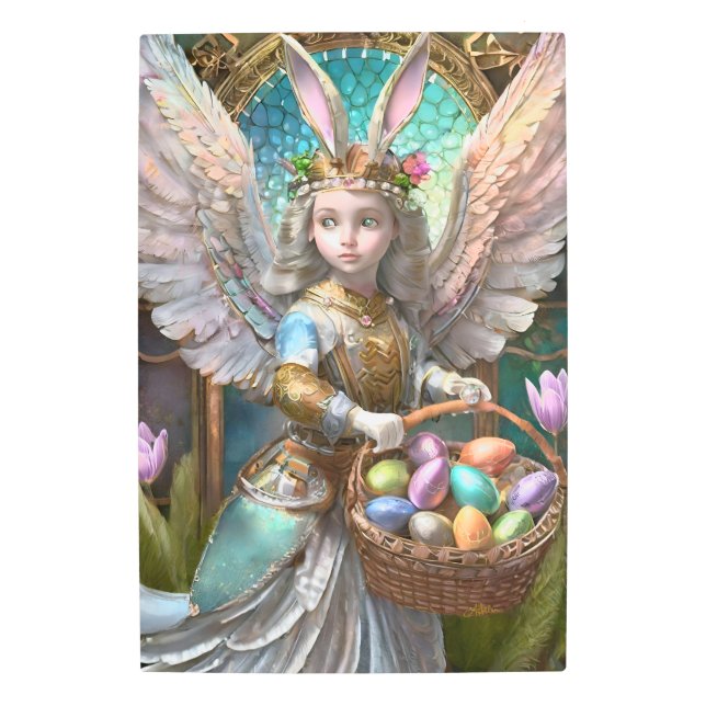 Girl Wearing Easter Bunny Angel Costume Metal Print (Front)