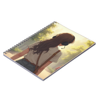 Girl wearing emotional headphones note notebook