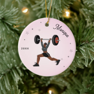 Girl Weightlifting Working Out Name & Year Pink Ceramic Ornament