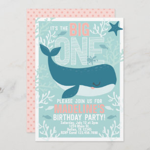 Girl Whale 1st Birthday Party Invitation Invite