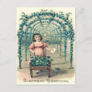 Girl Wheelbarrow Four Leaf Clover Forget-Me-Not Postcard