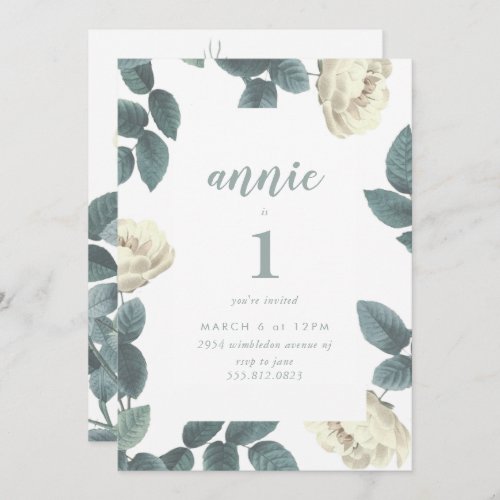 Girl White and Green First Birthday Invitation