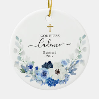 Girl White blue Floral Baptized Ceramic Ornament