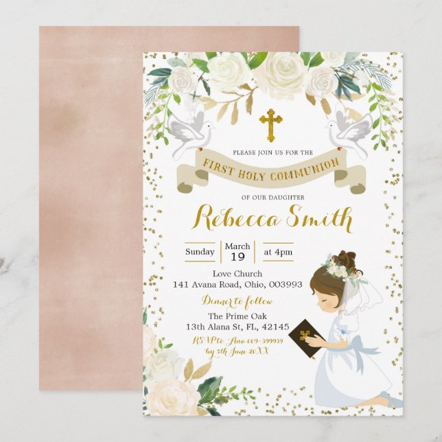 Girl White Floral First Holy Communion Invitation (Front/Back)