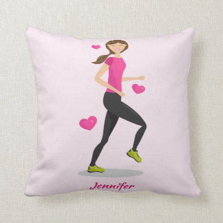Girl Who Likes To Run Drawing &amp; Custom Name Pink Throw Pillow