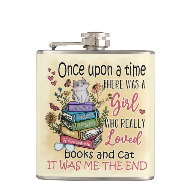 Girl Who Loves Books and Cats Flask (Front)