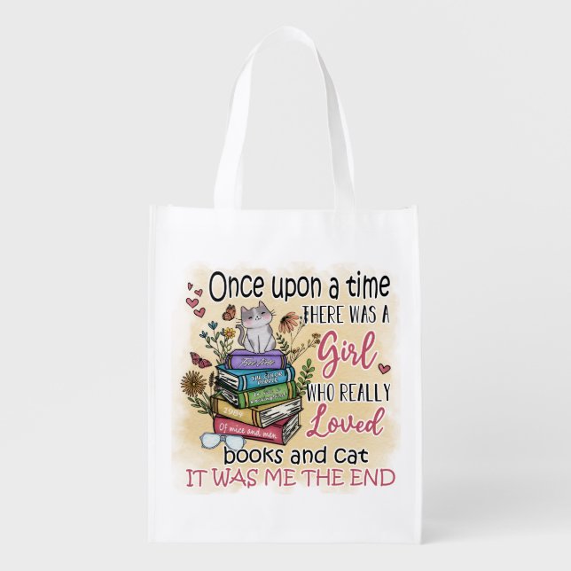 Girl Who Loves Books and Cats Grocery Bag (Front)