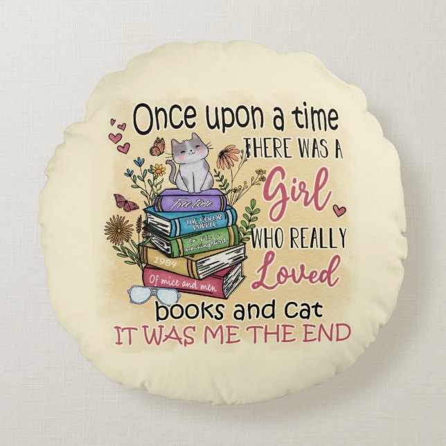 Girl Who Loves Books and Cats Round Pillow (Front)
