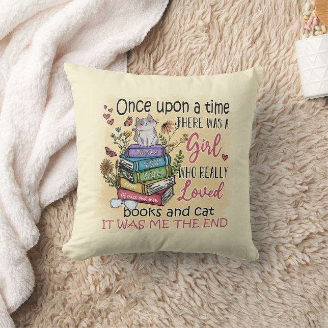 Girl Who Loves Books and Cats Throw Pillow (Blanket)