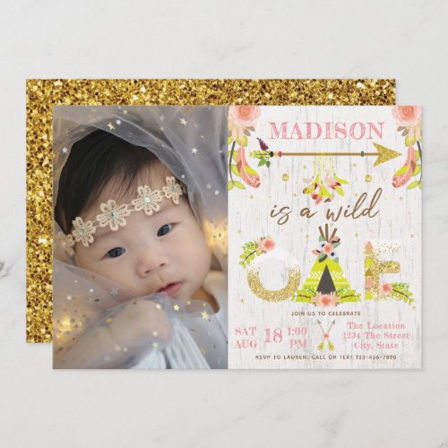 Girl Wild One Boho First Birthday Party Photo Invitation