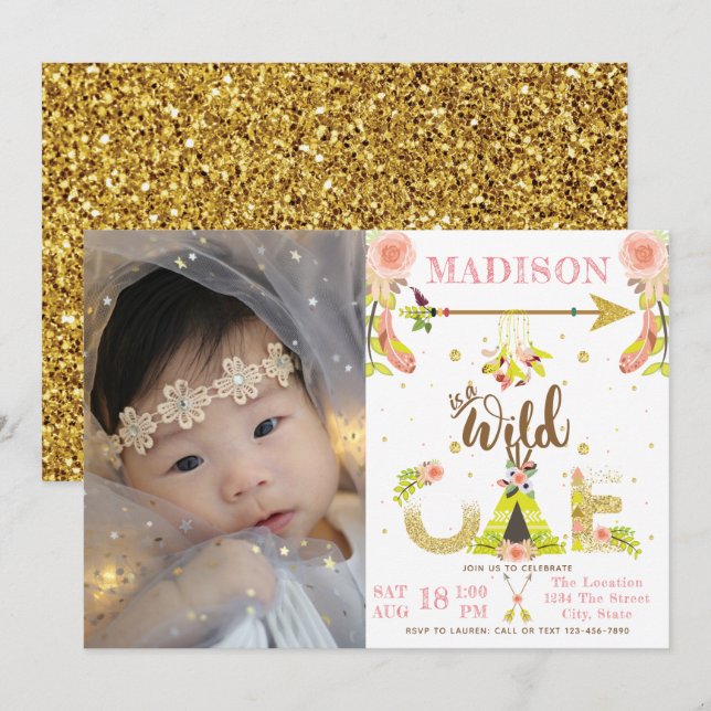 Girl Wild One Boho First Birthday Photo Invitation (Front/Back)