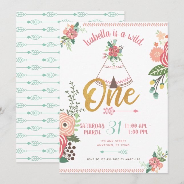 Girl Wild One Boho Tribal First Birthday Invite (Front/Back)