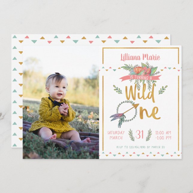 Girl Wild One Boho Tribal First Birthday Invite (Front/Back)