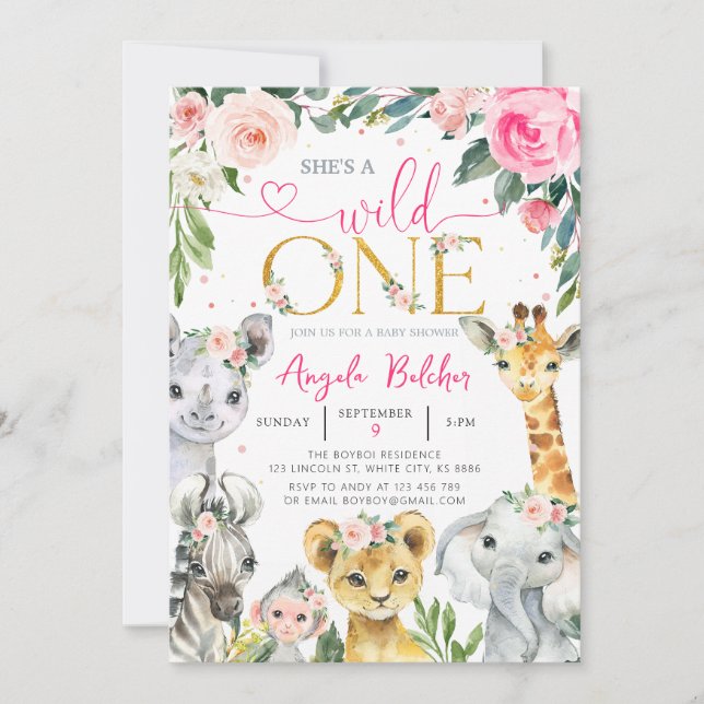Girl Wild One Jungle Animals Invitation (Front)