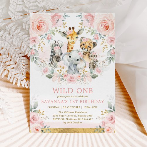 Girl Wild One Jungle Safari Blush Floral Birthday Invitation