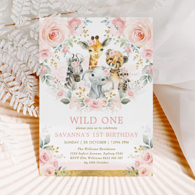 Girl Wild One Jungle Safari Blush Floral Birthday Invitation | Zazzle