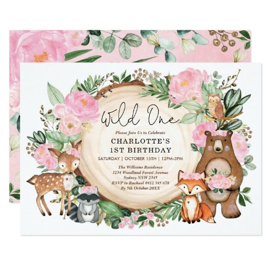 Girl Wild One Pink Floral Woodland 1st Birthday Invitation | Zazzle.com