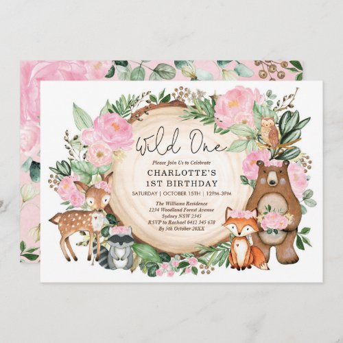 Girl Wild One Pink Floral Woodland 1st Birthday Invitation