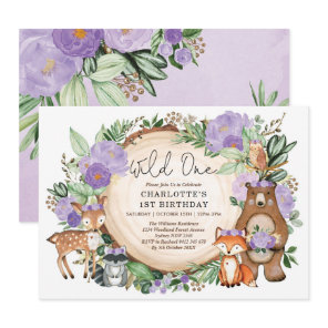 Girl Wild One Purple Floral Woodland 1st Birthday Invitation