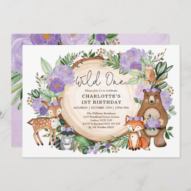 Girl Wild One Purple Floral Woodland 1st Birthday Invitation (Front/Back)