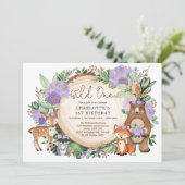 Girl Wild One Purple Floral Woodland 1st Birthday Invitation (Standing Front)