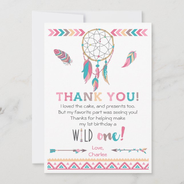 Girl Wild One Tribal Birthday Boho Thank You Card (Front)