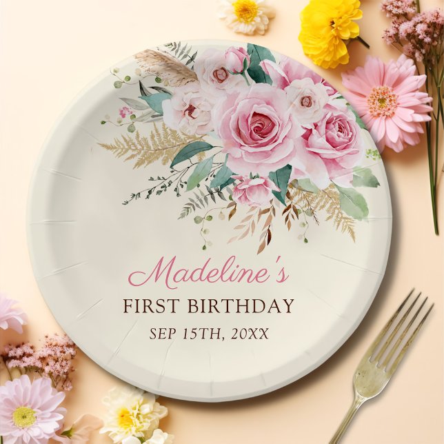 Girl Wildflower 1st Birthday Party Paper Plates (Creator Uploaded)