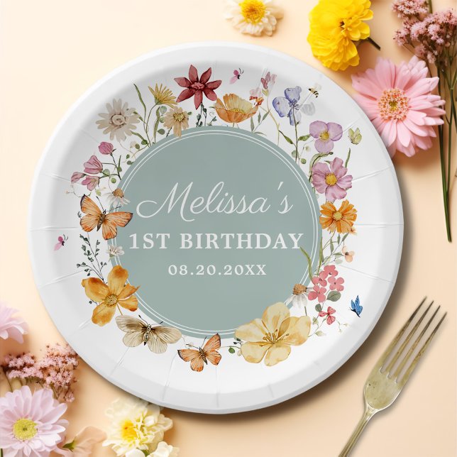 Girl Wildflower 1st Birthday Party Paper Plates (Creator Uploaded)