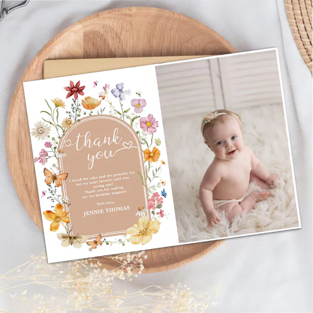 Girl Wildflower 1st Birthday Party Photo Thank You Card | Zazzle