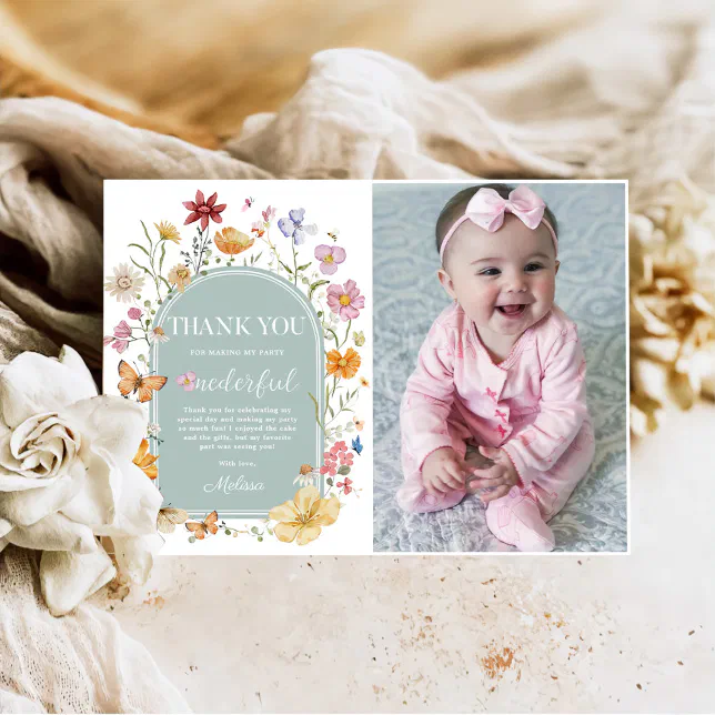 Girl Wildflower 1st Birthday Party Thank You Card | Zazzle