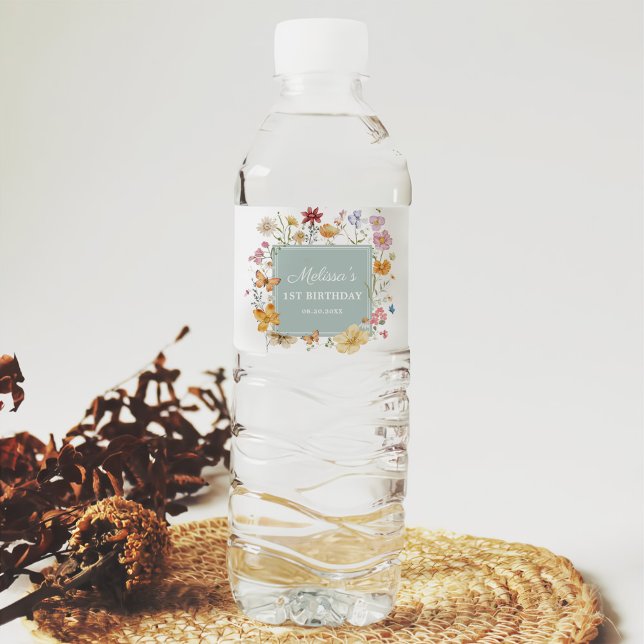 Girl Wildflower 1st Birthday Party Water Bottle Label (Creator Uploaded)