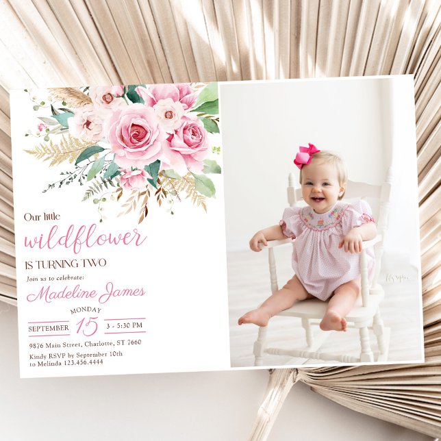 Girl Wildflower 2nd Birthday Party Photo Invitation (Creator Uploaded)