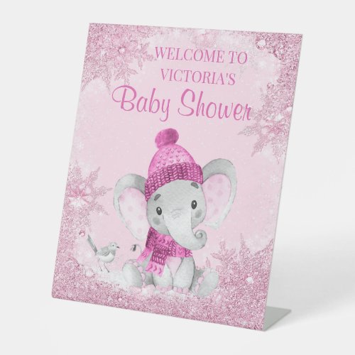 Girl Winter Elephant Baby Shower Welcome Table Pedestal Sign