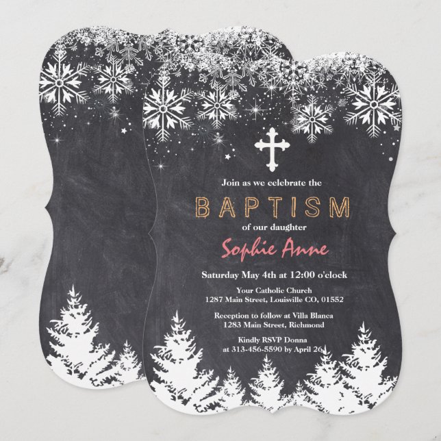 Girl Winter Holiday Snowflakes Chalkboard Baptism Invitation (Front/Back)