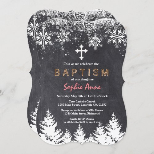 Girl Winter Holiday Snowflakes Chalkboard Baptism Invitation