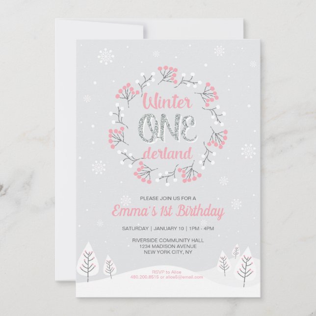 Girl Winter Onederland 1st Birthday, First bday Invitation (Front)