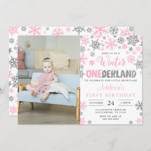 Girl Winter Onederland First Birthday photo Invitation