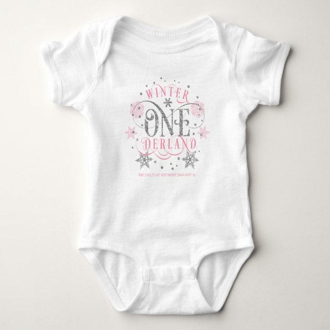 Girl, Winter ONEderland, pink silver 1st Birthday Baby Bodysuit (Front)