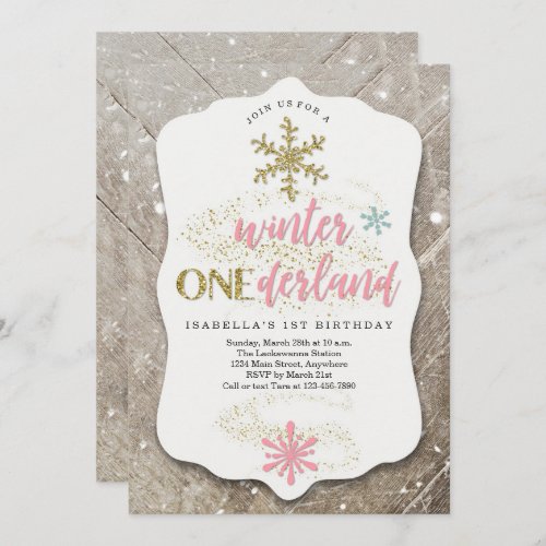 Girl Winter ONEderland Themed First Birthday Party Invitation - A wonderfully pink and gold glittery rustic invitation for a Winter ONEderland party!  Matching registry insert, envelopes, and other items are available in my Winter Wonderland collection.