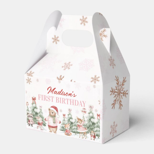 Girl Winter Onederland Woodland Animals Birthday Favor Boxes (Front Side)