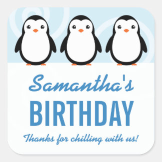 Girl Winter Penguin Birthday Party Favor Square Sticker