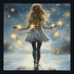 Girl Winter Stars Snowy Night Faux Canvas Print<br><div class="desc">A magical girl in winter snow,  under a night sky with glowing stars. Hanging stars create a magical vibe for a girls bedroom decor.</div>