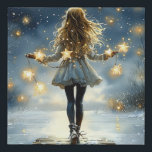 Girl Winter Stars Snowy Night Faux Canvas Print<br><div class="desc">A magical girl in winter snow,  under a night sky with glowing stars. Hanging stars create a magical vibe for a girls bedroom decor.</div>