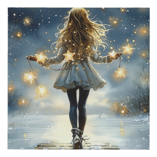 Girl Winter Stars Snowy Night Faux Canvas Print (Front)