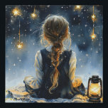 Girl Winter Stars Snowy Night Faux Canvas Print<br><div class="desc">A magical girl in winter snow,  under a night sky with glowing stars. Hanging stars create a magical vibe for a girls bedroom decor.</div>