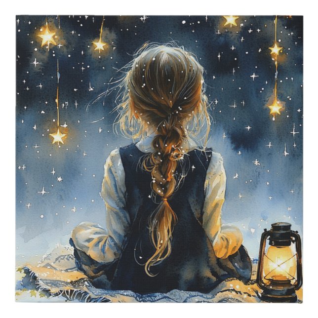 Girl Winter Stars Snowy Night Faux Canvas Print (Front)