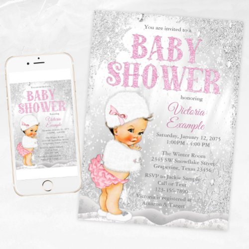 Girl Winter Wonderland Baby Shower Brunette Girl Invitation