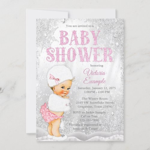 Girl Winter Wonderland Baby Shower Pink Snowflake Invitation